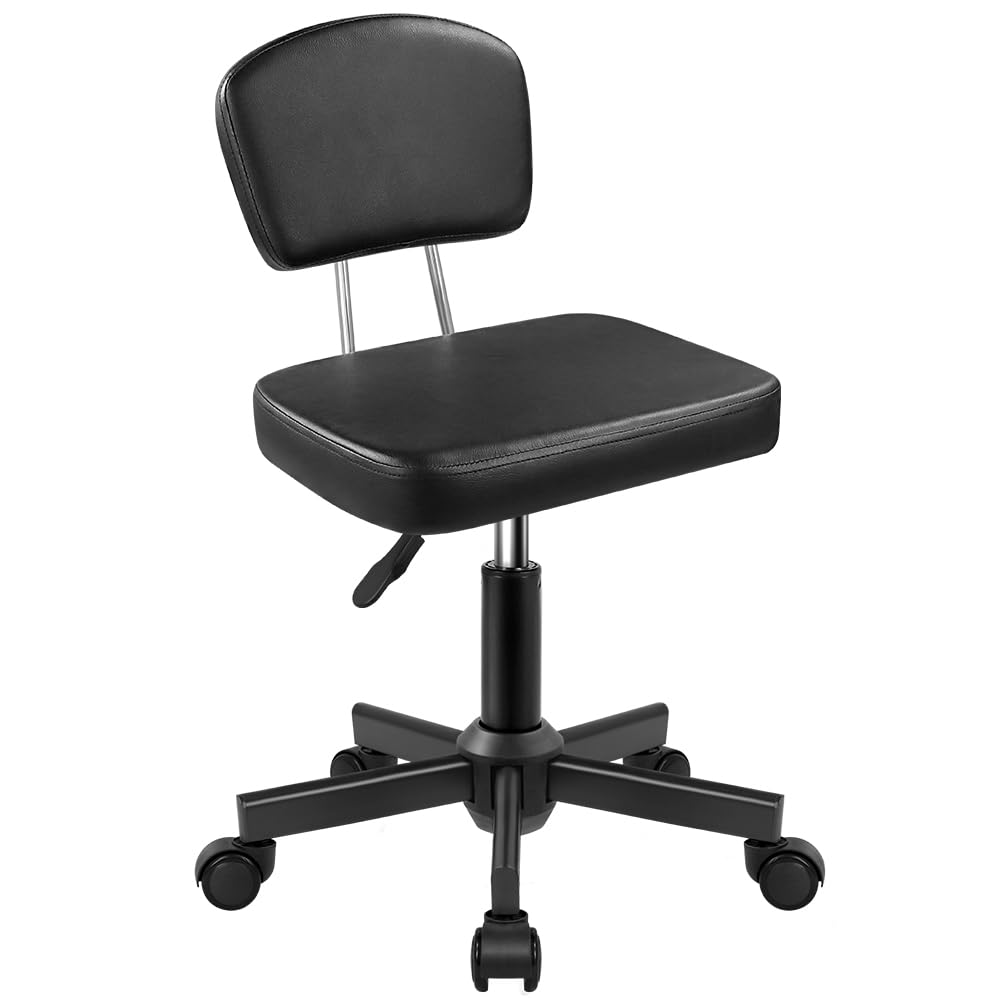 WKWKER Rolling Stool Chair Backrest Height Adjustable 360° Swivel with Wheels Square Seat PU Leather for Bedroom Counter Shop Salon Massage Home Office Drafting Work (Black)