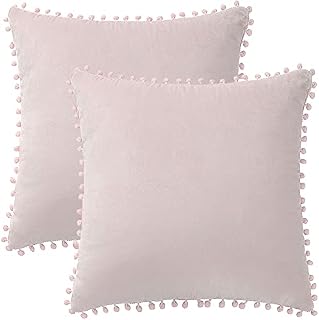 PiccoCasa Velvet Pillow Covers, 2PCS Pom Pom Throw Pillow Cover, Square Solid Soft Cushion Covers for Sofa Couch Bedroom Car Yellow 45 x45cm