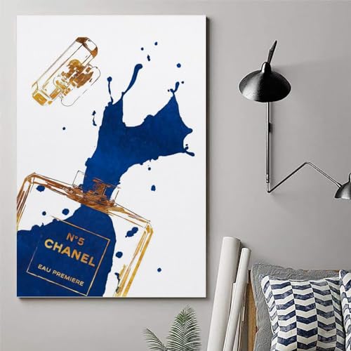 Image of BanLaArt Fashion Gold Perfume Bottle With Navy Blue Splash Canvas Print Poster Decorative Painting Canvas Wall Art Picture Print Modern Family Bedroom Decor 12x18inch(30x45cm), style-1