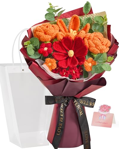 Alecono Crochet Flower Bouquet Orange Burgundy Handmade Knitted Rose Floral