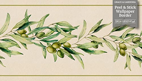 Grace & Gardenia Gb50140G8 Olive Branch Peel And Stick Wallpaper Border 8In Height X 15Ft Beige Green Designs #TOP5