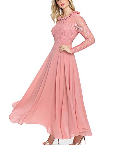 Aofur Women's Long Sleeve Chiffon Maxi Dresses Casual Floral Lace Evening Cocktail Party Long Dress (Medium, Light Pink)