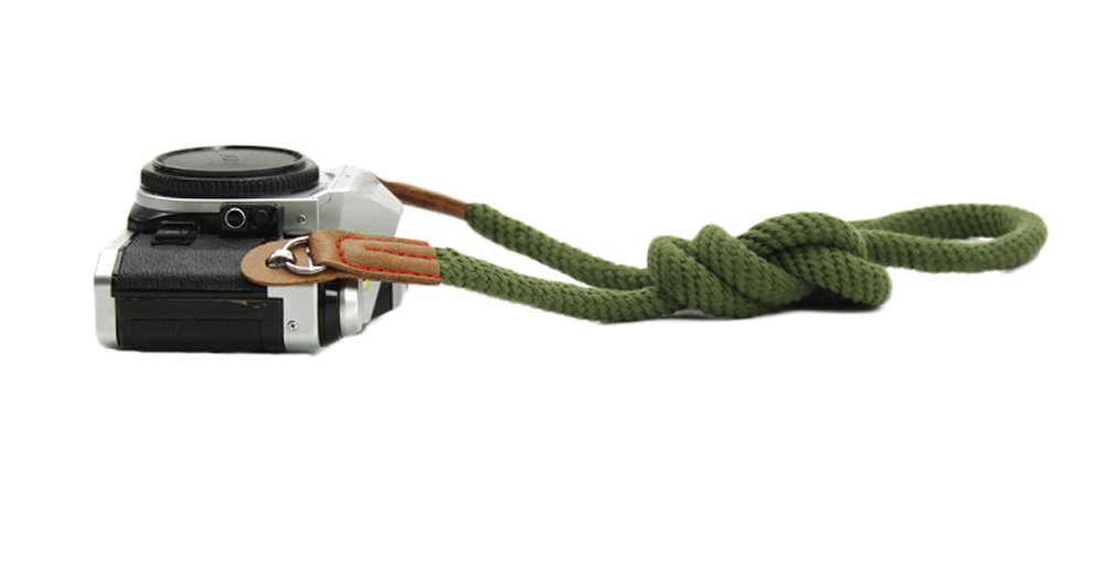 MINI GAGA Vintage Handmade Cotton Leather Camera Neck Strap for Leica Nikon Fuji Pentax Canon Panasonic Sony Short Army Green