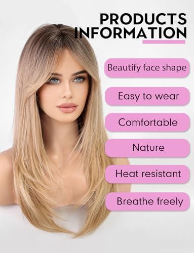 WOKESTAR Long Straight Wigs for Women with Curtain Fringe Layered Synthetic Color Hair(Blonde with Dark Roots) - Image 4