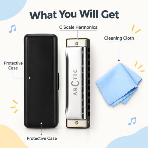 Image of ARCTIC C Key 10-Hole 20-Tone Diatonic Harmonica With Case & Cloth - Silver | Excellent Airtightness, Smooth Airflow, Clear Bright Tone, ABS Comb, Brass Reeds