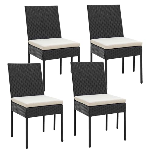 Tangkula Wicker Patio Chairs Set of 4, Armless Rattan Outdoor Dining Chairs with Cushions, Metal Frame & 400 lbs Weight Capacity, High Back Outside Chairs for Porch, Deck, Garden & Yard (Off White)