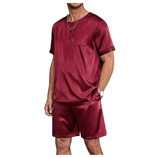 Ekouaer Satin Pajama Sets Mens Button Tops and Shorts Pj Set with Pocket Silky Soft 2 Piece Loungewear Wine Red