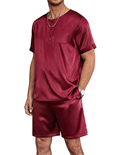 Image of Ekouaer Mens Pajamas Set Silk Satin Pjs Sets Summer Short Sleeve Button Down Sleepwear 2 Piece Loungewear with Pockets