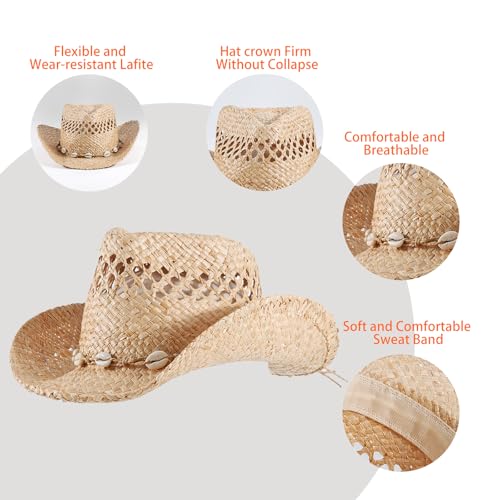 Image of Men's Cowboy Hats Summer Women Beach Cowgirl Hat Raffia Unisex Western Sun Hat