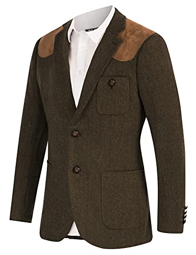 Men's Irish Wool Blend Blazer Notch Lapel Herringbone Tweed Sport Coat Brown M