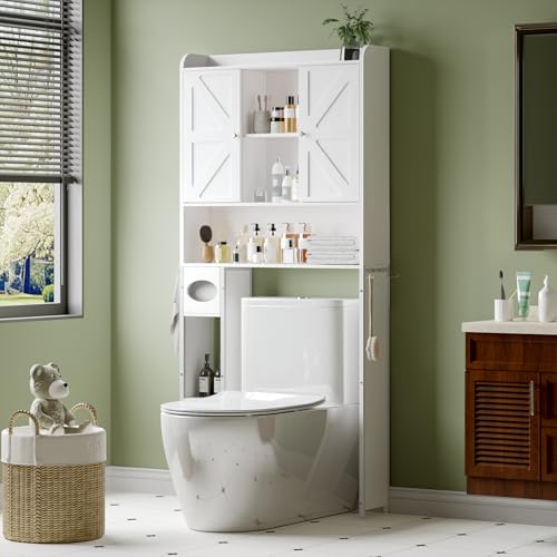 Zvivofla Over The Toilet Storage Cabinet with Metal Frame, Bathroom Organizer with 3 Adjustable Shelves, Paper Holder and Racks, Freestanding Space-Saving Toilet Rack for Bathroom(White)