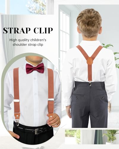 WELROG Child Kids Suspender Bowtie Sets - Y Shape Adjustable Suspender with Silk Bowties Gift Idea for Boys and Girls （Brown + Burgundy bowtie） - Thumbnail 5