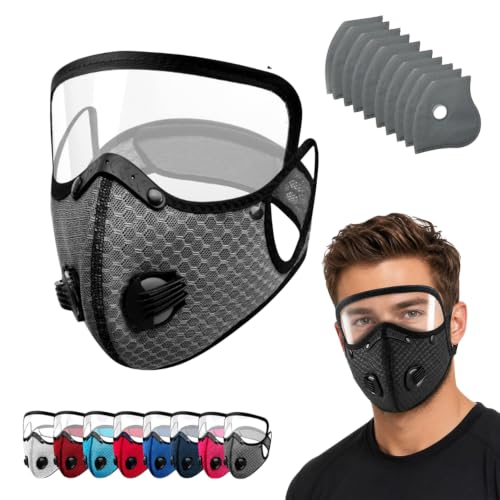 Reusable Carbon Filter Dust Mask with Adjustable Goggles, Staubmaske mit 10 Aktivkohlefiltern, Abnehmbare Vollgesichtsbrille Maske Wiederverwendbar für Holzarbeiten, Laufen, Radfahren (I)