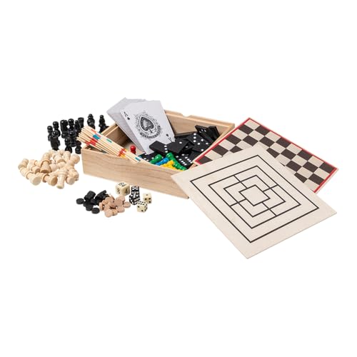 EUROtops Spielbrett-Set aus Holz 8 Klassische Gesellschaftsspiele in Holzkiste Schach Dame Backgammon Domino Mikado Kartenspiel