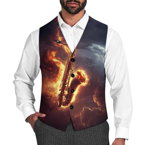 Sax Special-Effects Men's Suit Vests Business Formal Dress Vest V-Neck Waistcoat for Wedding Casual