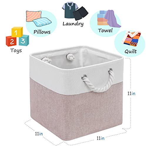 Finishingbo Cube Storage Bins, 6 Pack 11X11 Inch With Cotton Handles For Closet, Shelves, Clothes, Toys, Towel (White/Pink) #TOP1
