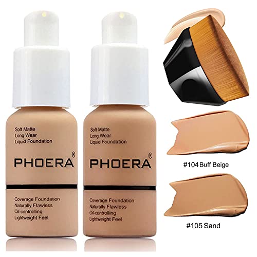 2 Pcs Liquid Foundation Full Coverage 24Hr 30Ml Matte Oil Control Foundation Makeup Concealer (Buff Beige & Sand) With Kabuki Foundation Brush Flat Top #TOP1