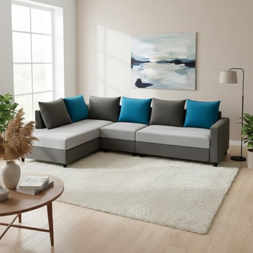 Image of FURNY Glory 6 Seater LHS Fabric Sofa Set (Dark Grey-Light Grey-Aqua Blue) with Velvet Finish | Durable Comfort | Ideal for Living Room | Breathable material