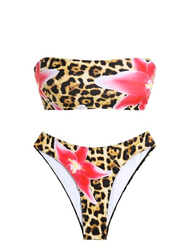 Image of ZAFUL Women's High Cut Bandeau Bikini Set Strapless Solid Color 2 Pieces Bathing Suit Swimsuit