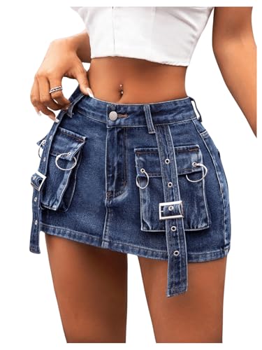MakeMeChic Women's Low Waist Bodycon Denim Skirt Y2K Cargo Mini Skirts with Flap Pocket