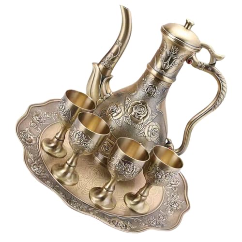 Healifty Vintage Turkish Coffee Pot Set with 500ml Carafe, 50ml Metal Goblet Glasses, Rose Embossed Tray – Antique Bronze Wine Serving Set for Home, Tea Party, and Wedding