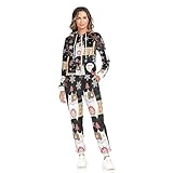 Seamless Colorful Russian Cat Snowflakes on Black Happy New Year Women's 2Pcs Sweatshirt Hoodie Set, With Pockets Soft Velvet Athletic Casual Suit, Outfits Sweatsuit for Sport Home Workout (X-Large)