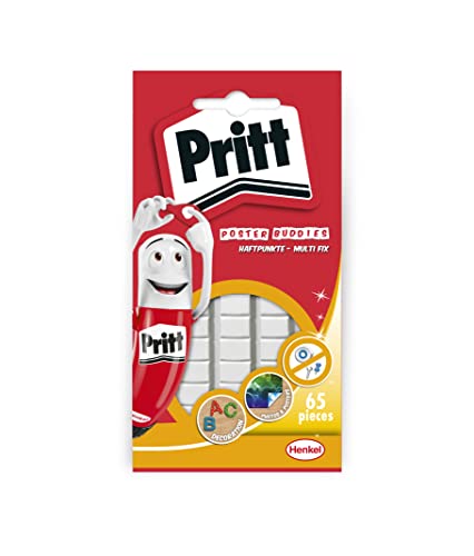 Pritt Pâte à fixer Multi-Fix 65 pièces, pastilles adhésives repositionnables blanches faciles à enlever, pâte collante pré-découpée pour papier, poster, décoration légère
