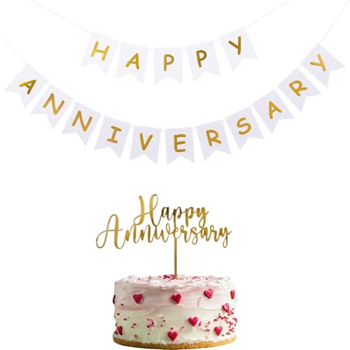 Image of Happy Anniversary Banner Balloons Wedding Love Party and Background Indoor Outdoor Decorations (Banner+Toppers)