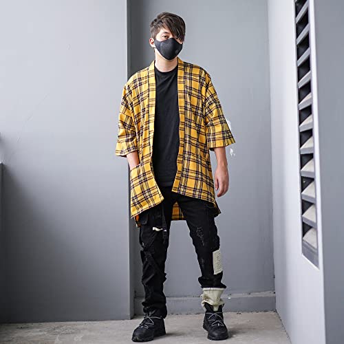 Men\'s Plaid Noragi Jacket Flannel Kimono Cardigan Oversized Haori Japan Yukata (Yellow) - Thumbnail 4