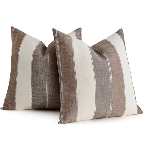 AmHoo Pack of 2 Farmhouse Stripe Check Throw Pillow Covers Set Case Cotton Linen Decorative Pillowcases Cushion Cover for Couch Bench Sofa 16x16Inch Brown
