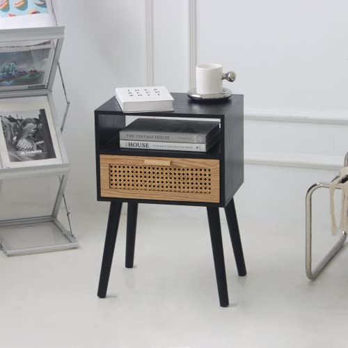 Maxsmeo End Table With Storage Mid Century Nightstand With Rattan Drawer And Shelf, Wood Small Side Coffee Table For Small Space, Living Room And Bedroom, Easy Assembly (Black) #TOP6