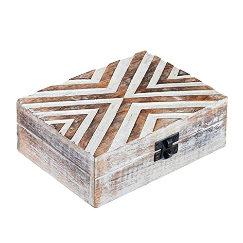 Decorative Wooden White Wash Jewelry Box, Trinket Box, Mini Storage Chest For Jewelry, Memento Case, Wood Holder For Miscellaneous Teabags Coins Rustic Antique Distressed Container