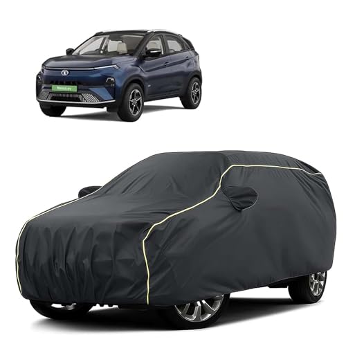 Image of Sulfar 100% Water Resistant Car Body Cover Compatible with Mirror for Tata Nexon EV (Triple Stitched, Full Bottom Elastic, Dark Grey Tafetta with Yellow Piping)