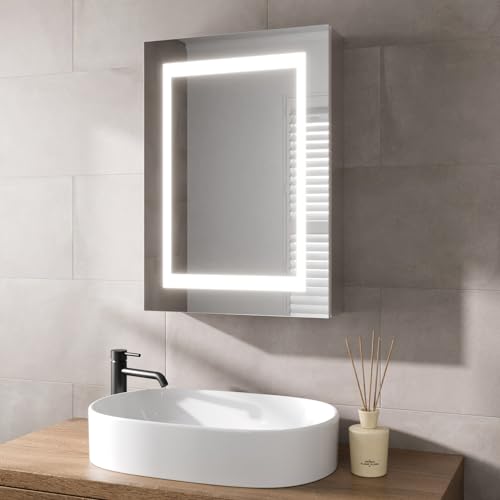 Artis® Bathroom Mirror Cabinets with Shaver Socket, 500 x 700 mm Illuminated Wall Mounted Bathroom Vanity Mirrors with LED Lights & Demister Anti Fog Pad Motion Sensor