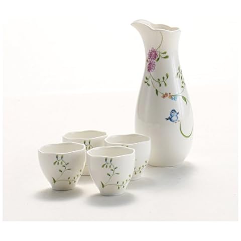 Hetoco 5 Piece Ceramic White Traditional Japanese Sake Set with Flower Design Cover