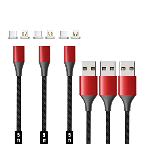 NetDot Magnetic Charging Cable, Gen10 Nylon Braided 2-in-1 Magnetic Phone Charger Compatible with USB-C and Micro USB Devices (5ft/3 Pack red)