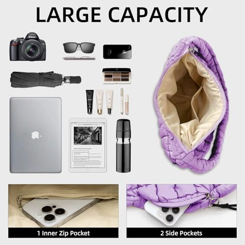 Image of Puffer Quilted Shoulder Bag Large Puffer Tote Bag for Women,Hobo Quilted Tote Bag Crossbody Shoulder Handbags Puff Purse