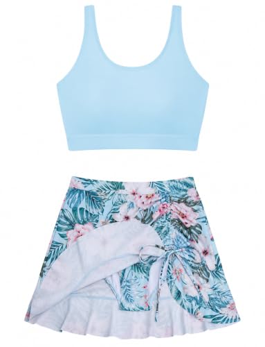 Image of DAXIANG Teens Girls Two Piece Swimsuit Modest Ruffle Skirt Bathing Suit Adjustable Straps Tankini Sets with Padded Size 7-16