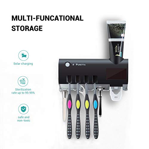 Puretta Toothbrush Sterilizer And Toothbrush Holder With Led Uv Light Sterilization Function,Rechargeable Solar Power,Wireless Design,Wall Mounted Automatic Toothpaste Dispenser（Black） #TOP3