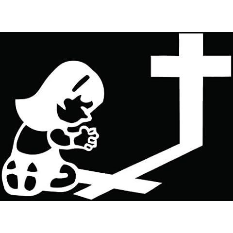 Girl Praying Cross Christian Religion Symbol Car Truck Window Bumper Vinyl Graphic Decal Sticker- (6 inch) / (15 cm) Wide GLOSS WHITE Color Cover