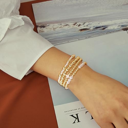 BOMAIL 10pcs Gold Beaded Bracelets for Women - Non Tarnish 14K Gold Plated Stackable Pearl Cross Dainty Gold Bracelets - Trendy Jewelry4