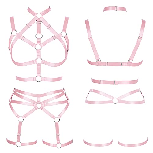Women's Body Harness Adjustable Size Punk Gothic Bra Full Cage Garter Belt Hollow Out Belt Set Halloween Festival Rave (Pink) #TOP1