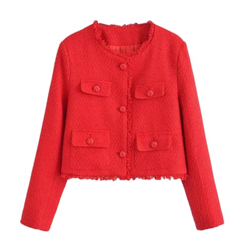 Women Cropped Jacket Short Vintage Tweed Coat Long Sleeve Women's Jackets Blazer Red XS