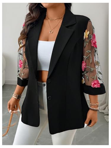 WDIRARA Women's Plus Size Floral Embroidered Mesh Button Down Blazer 3/4 Sleeve Collared Suit Jackets3