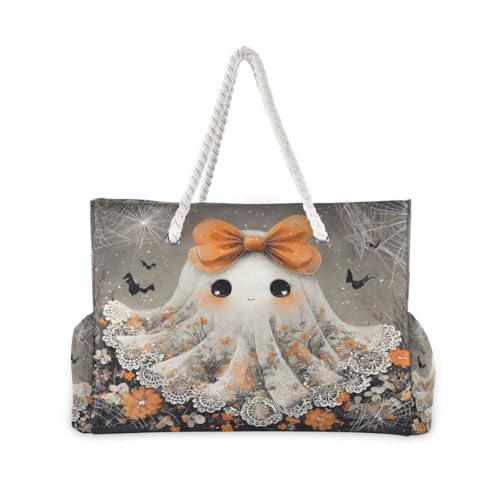 Large Beach Bags Totes Canvas Tote Shoulder Bag Ghost Flower Bow Water Resistant Bags for Gym Travel Daily2