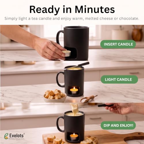 Image of Evelots Mini Fondue Pot Set - 4 Pack Ceramic Fondue Mugs for Chocolate, Cheese and Candy with 8 Forks and 16 Candles - Mothers Day Gifts for Mom, Romantic Date Night Gift - Black | Serve chocolate or cheese fondue for date nights, parties and Mother's Day; includes 4 mugs, 8 forks and 16 tealight candles.