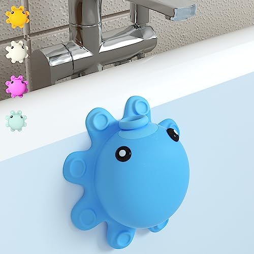 Image of Bath Tub Overflow Drain Cover- Silicone Bathtub Overflow Cover with Suction Cups, Tub Drain Block Adds Inches of Water for Deeper Bath, Cute Bathroom Accessories, Blue