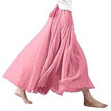 Ezcosplay Women Bohemian Cotton Linen Double Layer Elastic Waist Long Maxi Skirt Watermelon Red
