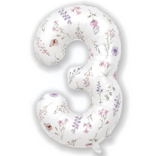 3rd Birthday Decorations for Girls, 40 Inch White Floral Number 3 Balloons