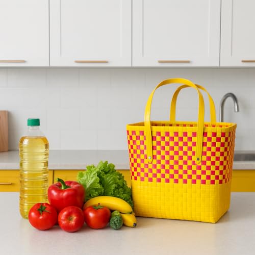 Image of Hand Made Multipurpose Plastic Basket with Lid | Eco-Friendly, Washable, Rust-Free Storage Basket for Kitchen, Picnic, Toys, Travel, Office | Lightweight basket (Yellow with Pink, L)